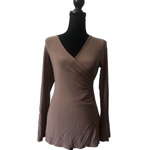 Women's  Brown V Neck Faux Wrap Flare Sleeve Stretchy Casual Boho Y2K M